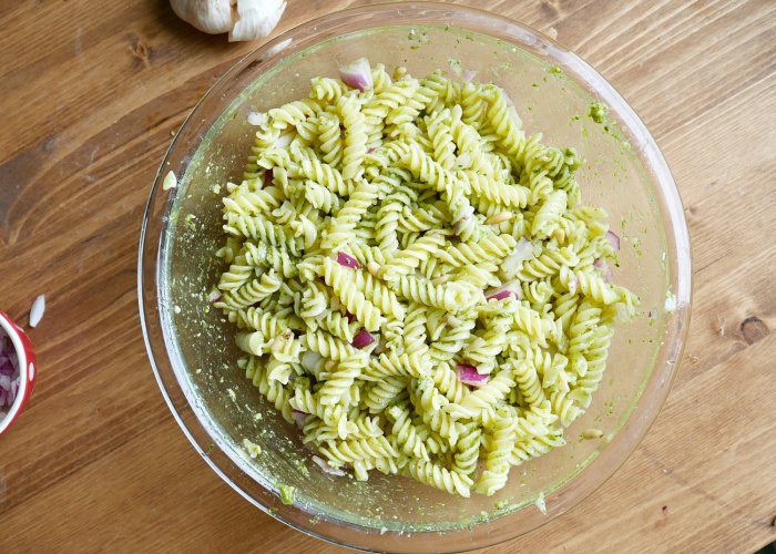 pesto pasta salad tossed together
